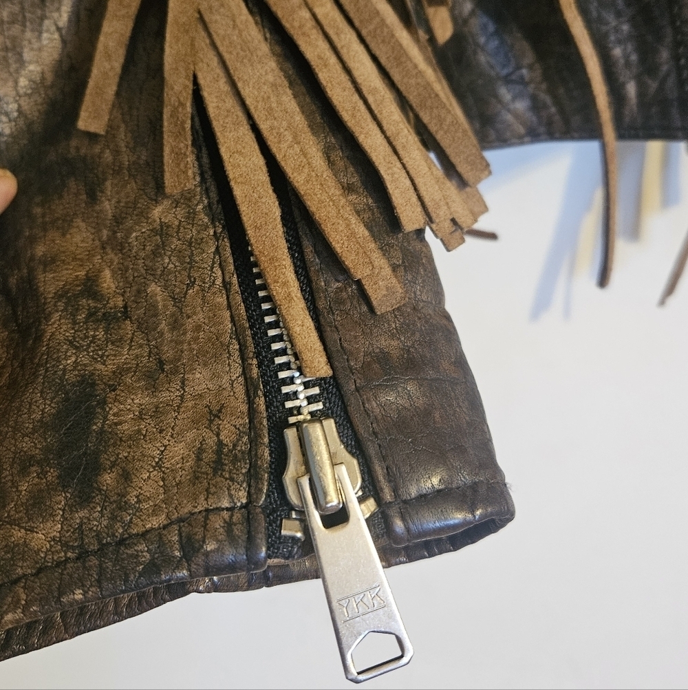 Vintage Western Fringe Real Leather Jacket Brown Distressed Boho Biker Cowgirl - Picture 11 of 16
